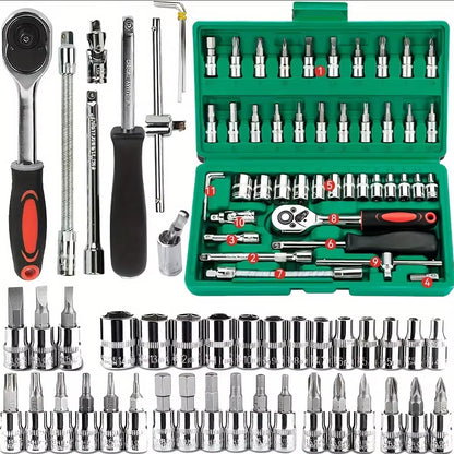 46Pcs Family Tools 1/4 Set Mechanic Tool Kits for Auto Repair Hous with Sockets Metric Hex Bit Socket Set Inch Ratchet Wrench