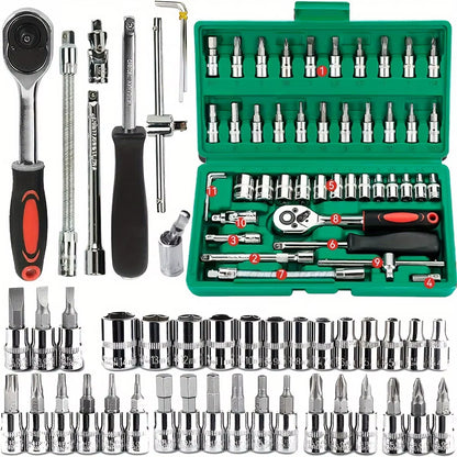 46Pcs Family Tools 1/4 Set Mechanic Tool Kits for Auto Repair Hous with Sockets Metric Hex Bit Socket Set Inch Ratchet Wrench